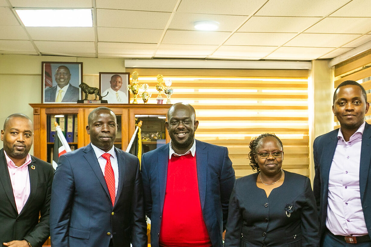 From Left: OI's Benjamin Charagu, Governor Sang, Al Kags, Deputy Governor, Dr. Mitei and OI's John Mucheke posing for a photo